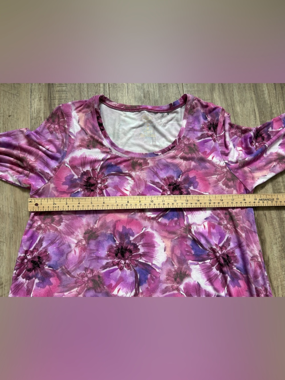 Blue Sky floral watercolor flower Women's Pink purple spring Scoop Neck 3/4 Top - Picture 7 of 8